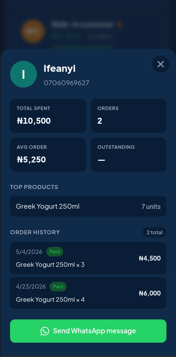 A Bicon customer profile showing order history and a Send WhatsApp message button