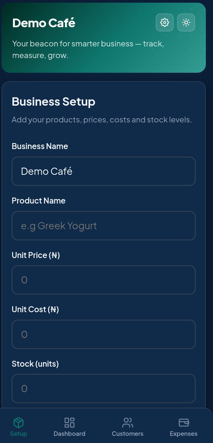 Bicon Setup screen showing Demo Cafe branding